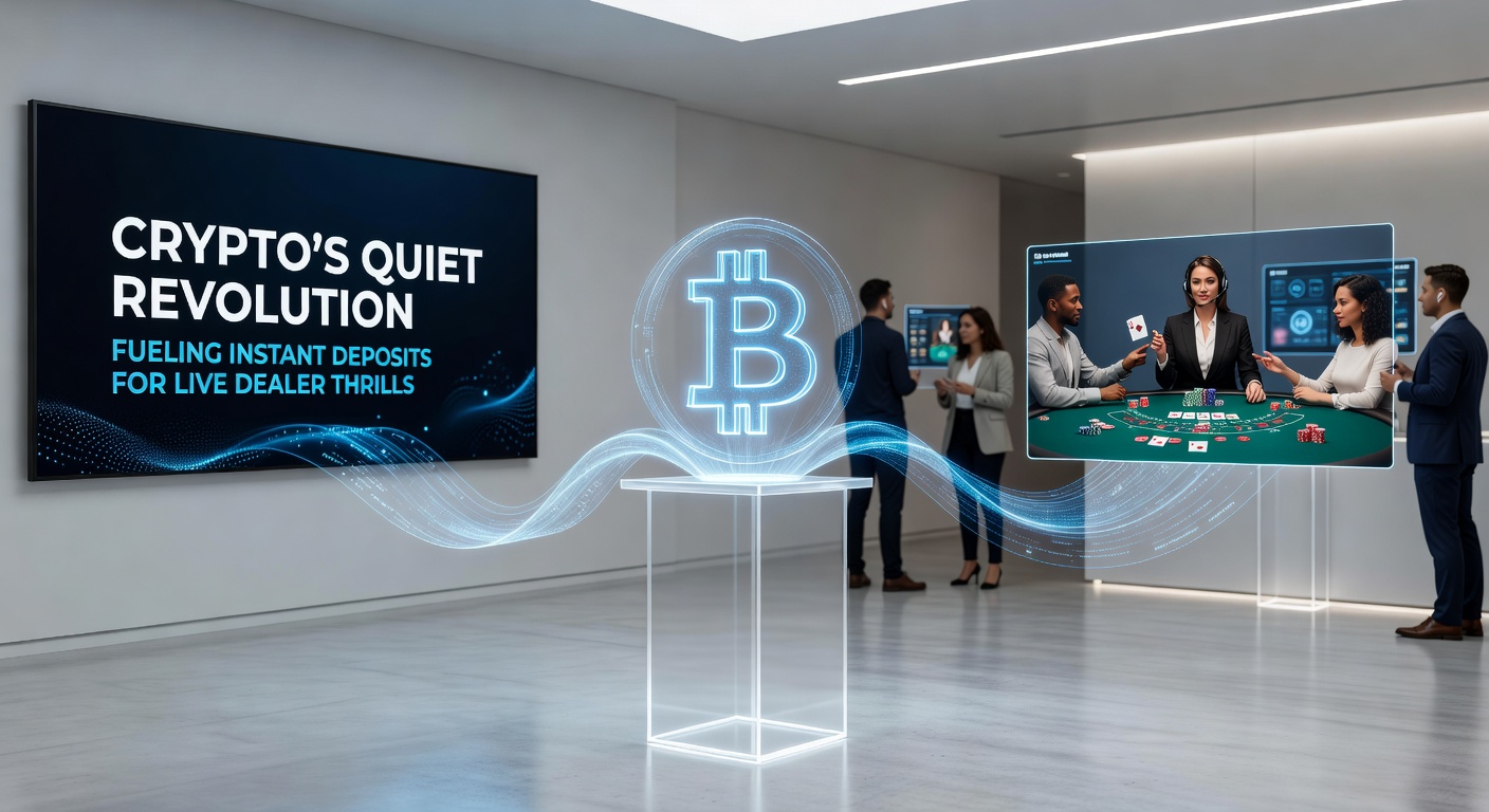 Close-up of a live dealer roulette game with cryptocurrency wallet interface overlay showing instant deposit confirmation