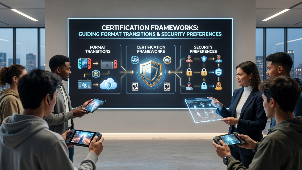 Portable gaming devices displaying various certified formats and security indicators on screen