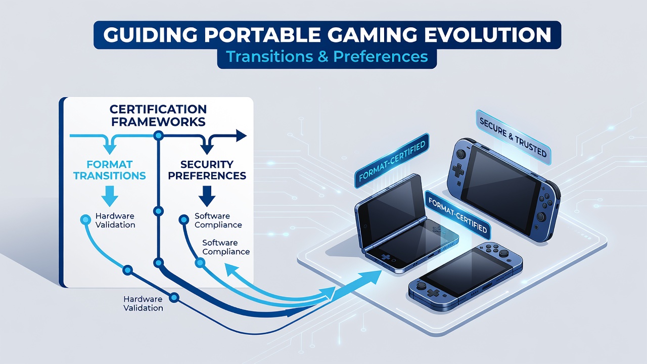 Close-up of certification badges and security settings on a portable gaming interface