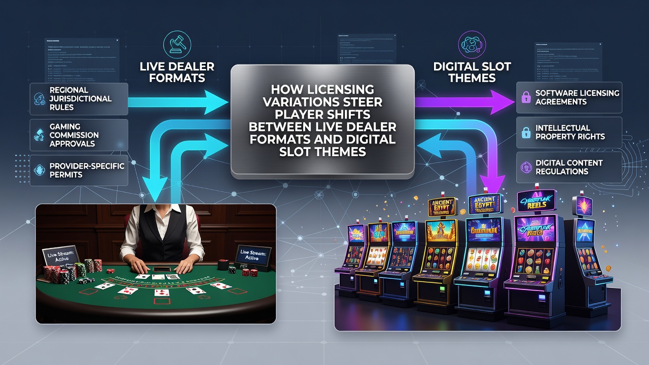 Map overlay illustrating cross-border mobile gaming license zones and player migration routes between slot themes and live dealer formats