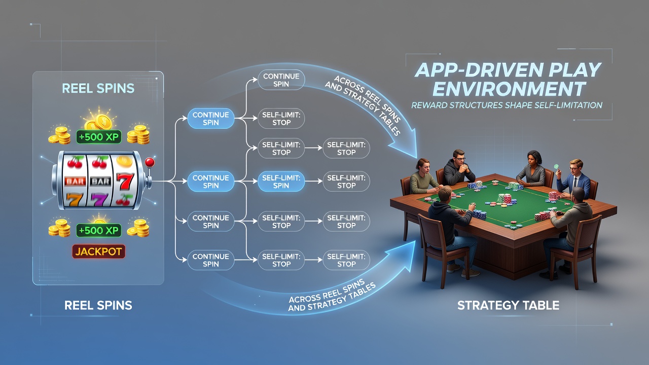 Mobile app interface showing reward points accumulating during reel spins and table game sessions with self-limit prompts visible