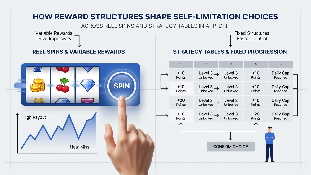 Split screen view comparing reward dashboards for slot reels versus live strategy tables with limit-setting options highlighted
