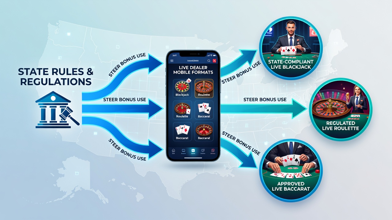 Live dealer table interface on smartphone showing bonus contribution percentages and state compliance badges