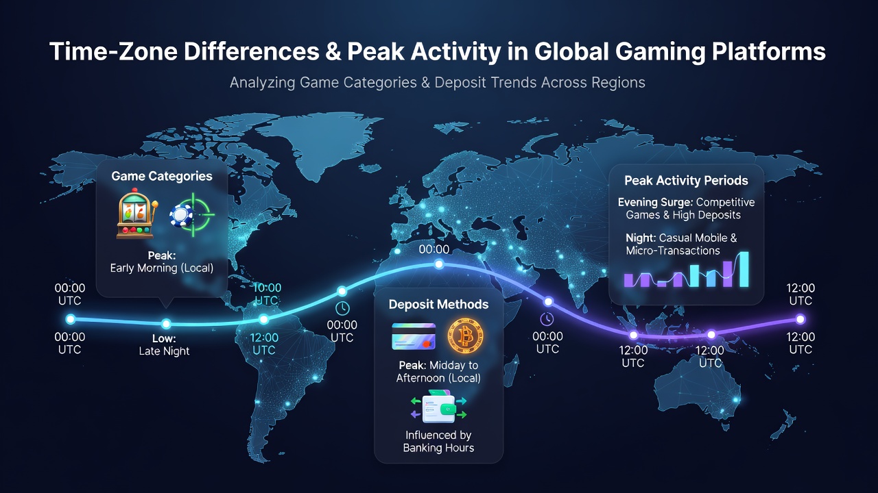 Global map overlay showing time zones and peak gaming activity patterns for slots, table games, and live dealer sessions