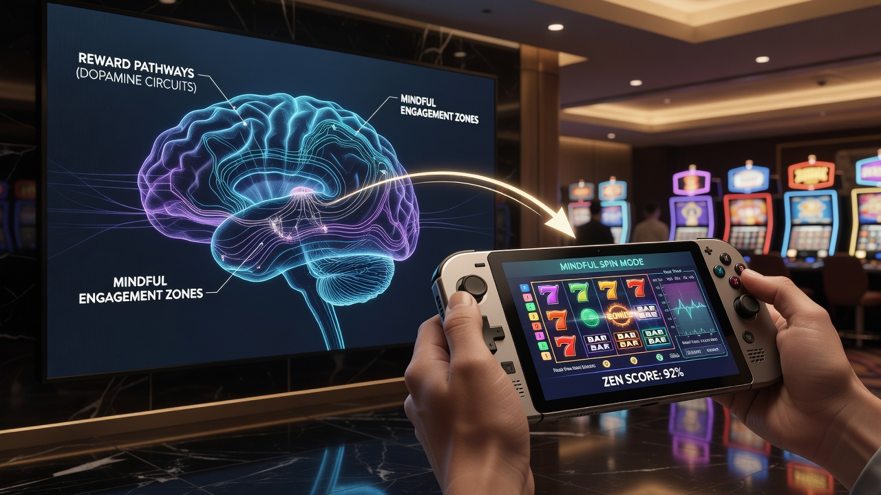 Handheld casino interface displaying spinning reels alongside mindfulness reminder overlay