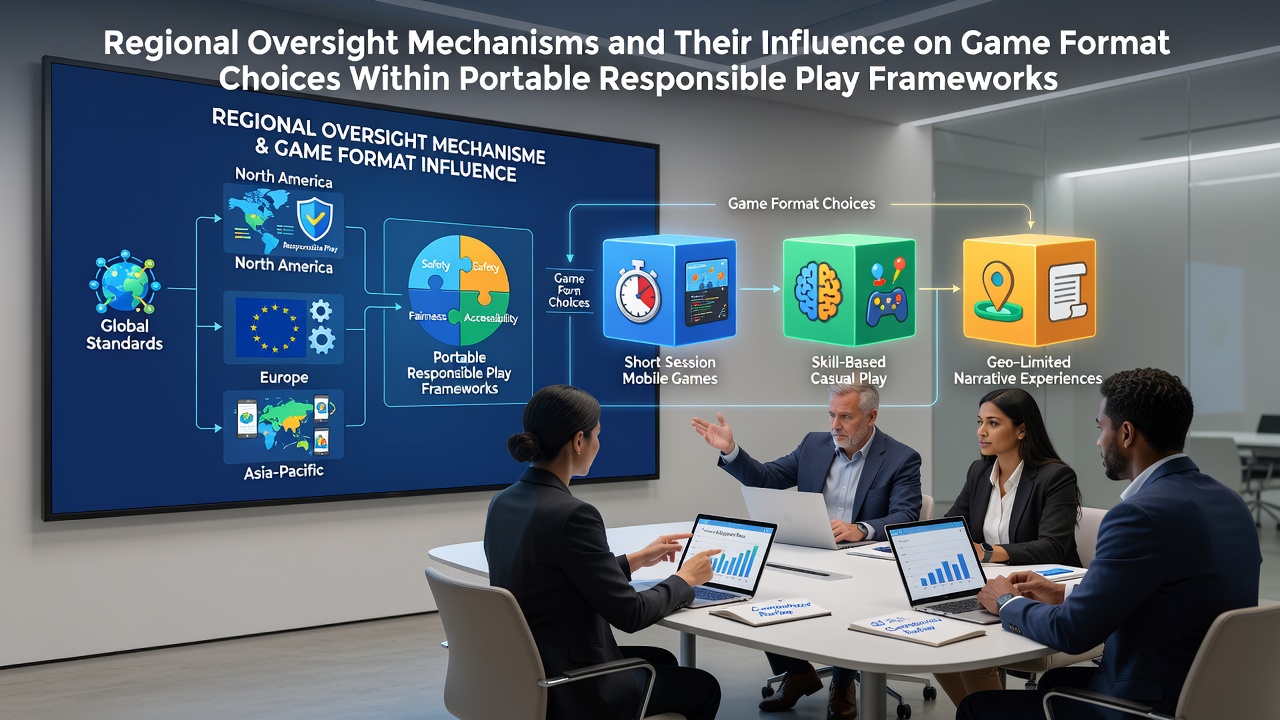 Regional regulatory oversight panels reviewing mobile gaming data on large screens in a modern conference room