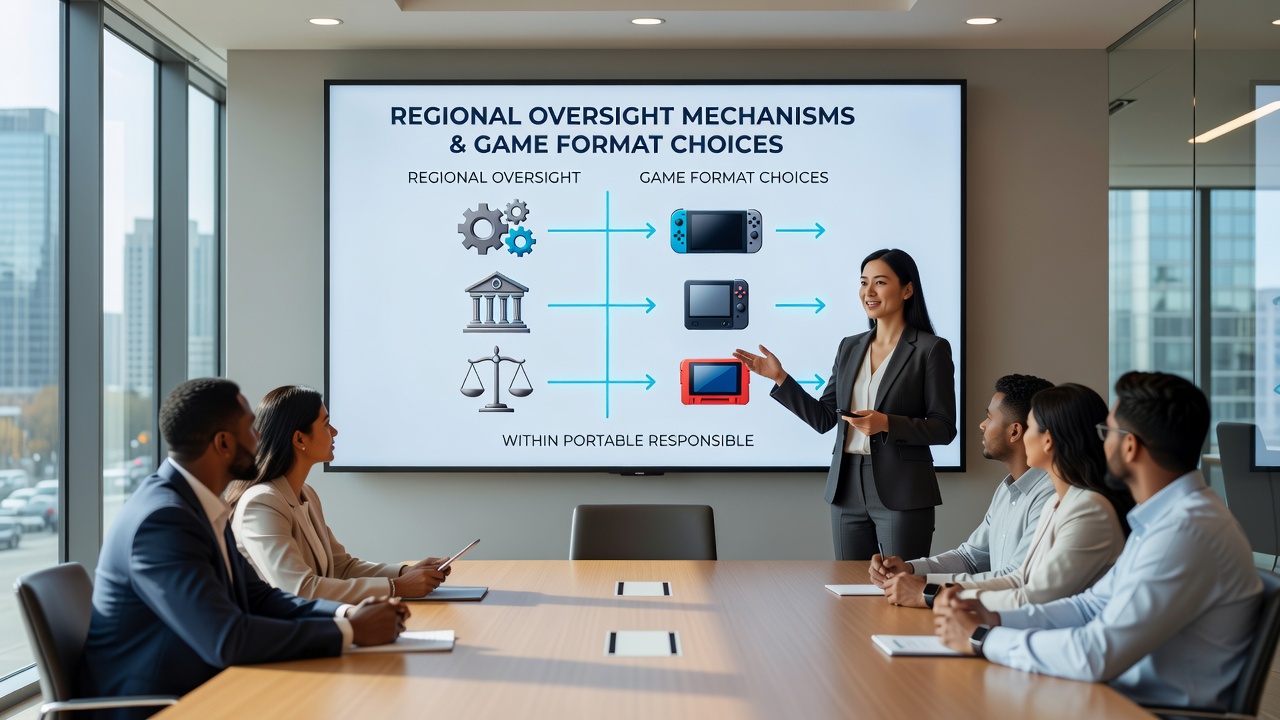 Mobile device displaying regional compliance dashboards for gaming formats and responsible play settings