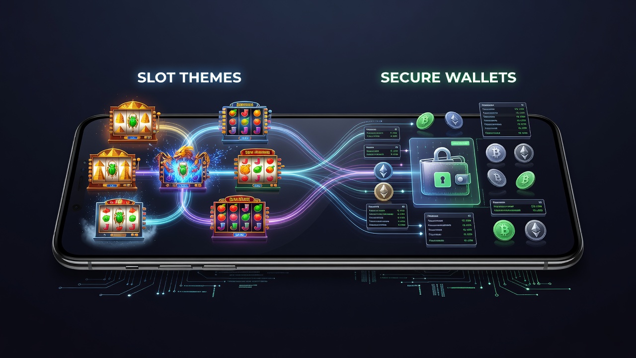 Smartphone screen displaying various slot game themes alongside digital wallet interface in a casino app