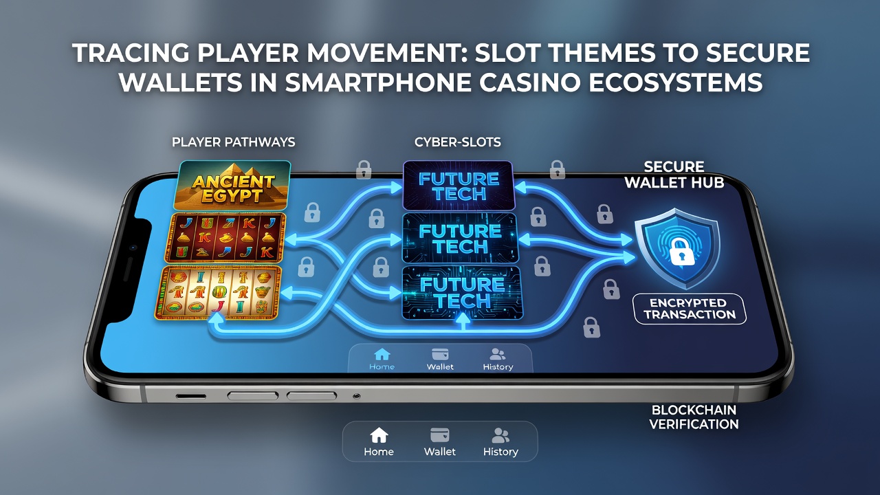 Illustration of secure digital wallet transactions connecting to different slot game interfaces on mobile devices
