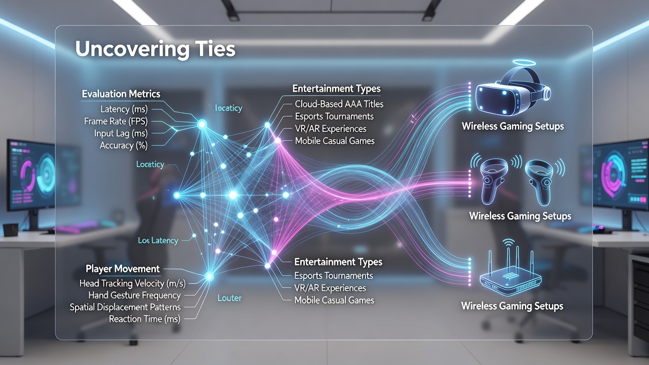 Wireless gaming setup showing multiple devices connected to cloud entertainment platforms with performance dashboards overlaid